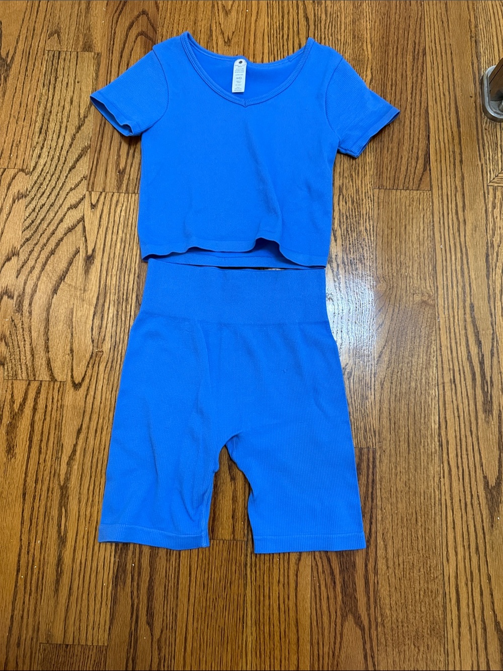 Yogalicious Blue Ribbed Crop Top & High Waist Bike Shorts Set